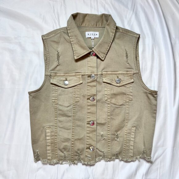 Risen Los Angeles Medium Women's Tan Sleeveless Denim Distressed Vest Brown/Tan - Picture 2 of 13